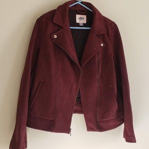 Wine-colored faux suede moto jacket